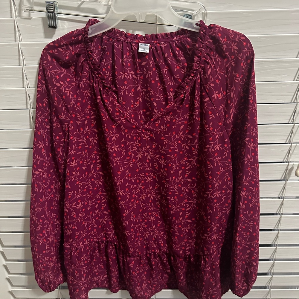 Old Navy Maroon Leaf Print Blouse